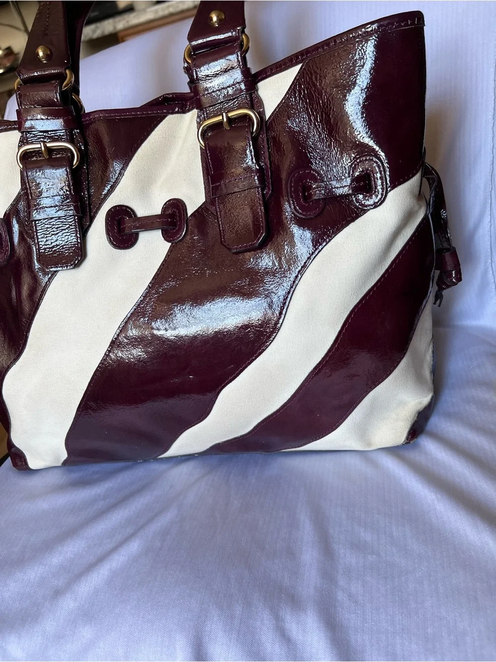 Dooney & Bourke Chiara Large Tote Bag Plum Patent Leather & Cream Stripe